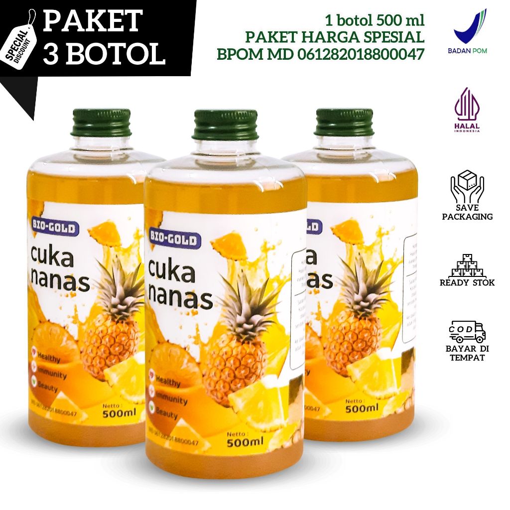 

Cuka Nanas Bio Gold Paket Hemat 3 Botol | Cuka Nanas Cegah Penyakit Jantung | Mengurangi Berat Badan