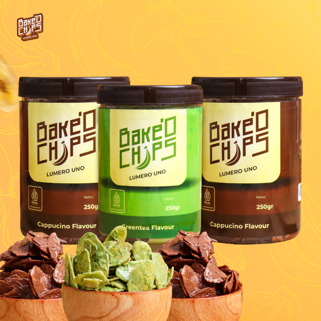 

Bundling 2 Rasa Cappucino & 1 Rasa Greentea Jajanan Cemilan keripik pisang Lumer Bakeochips