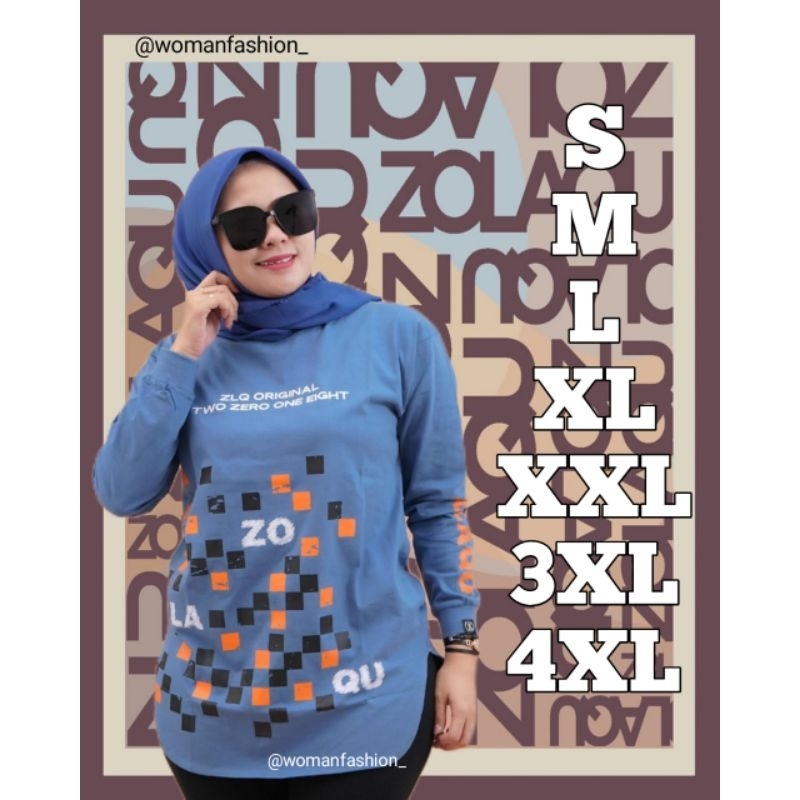 Kaos Wanita Zolaqu Original Semitunik Biru Denim Lengan Panjang Bahan Katun Premium Nyaman Stylish O