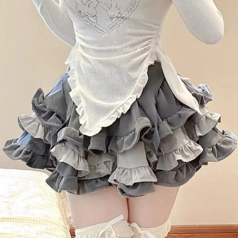 Cake Puff Skirts Women Designed Hotsweet Girl A-line Grey Baggy Cute Folds All-match Mini Y2k Skirt 