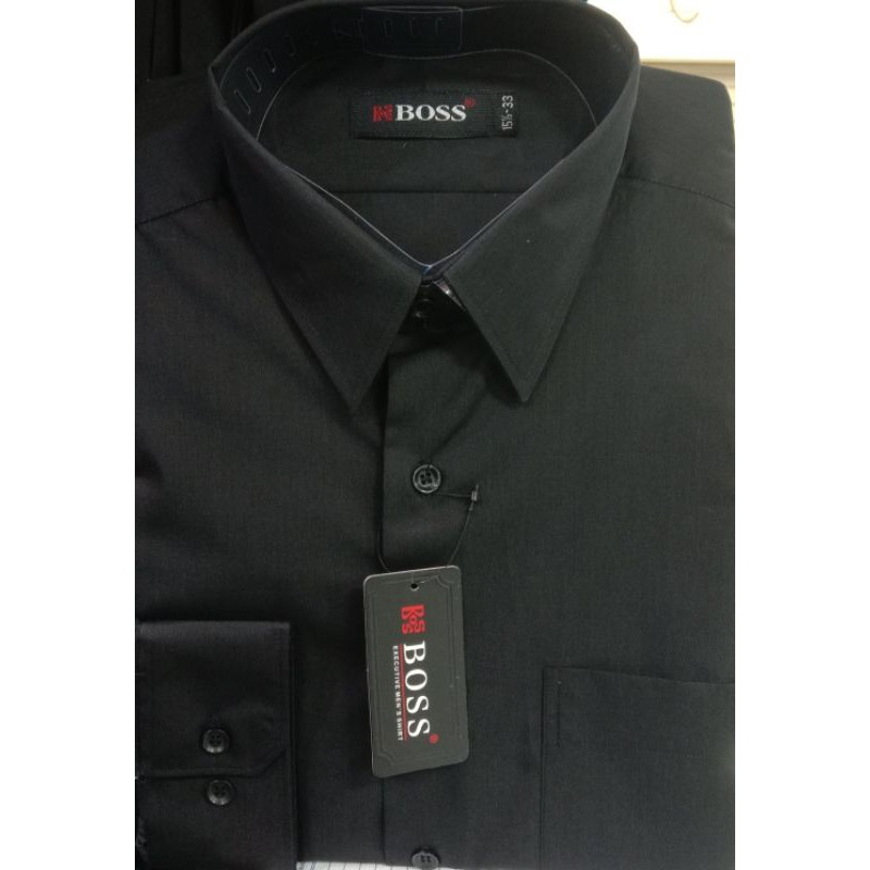 Kemeja Boss Polos Hitam Lengan Panjang Slim fit