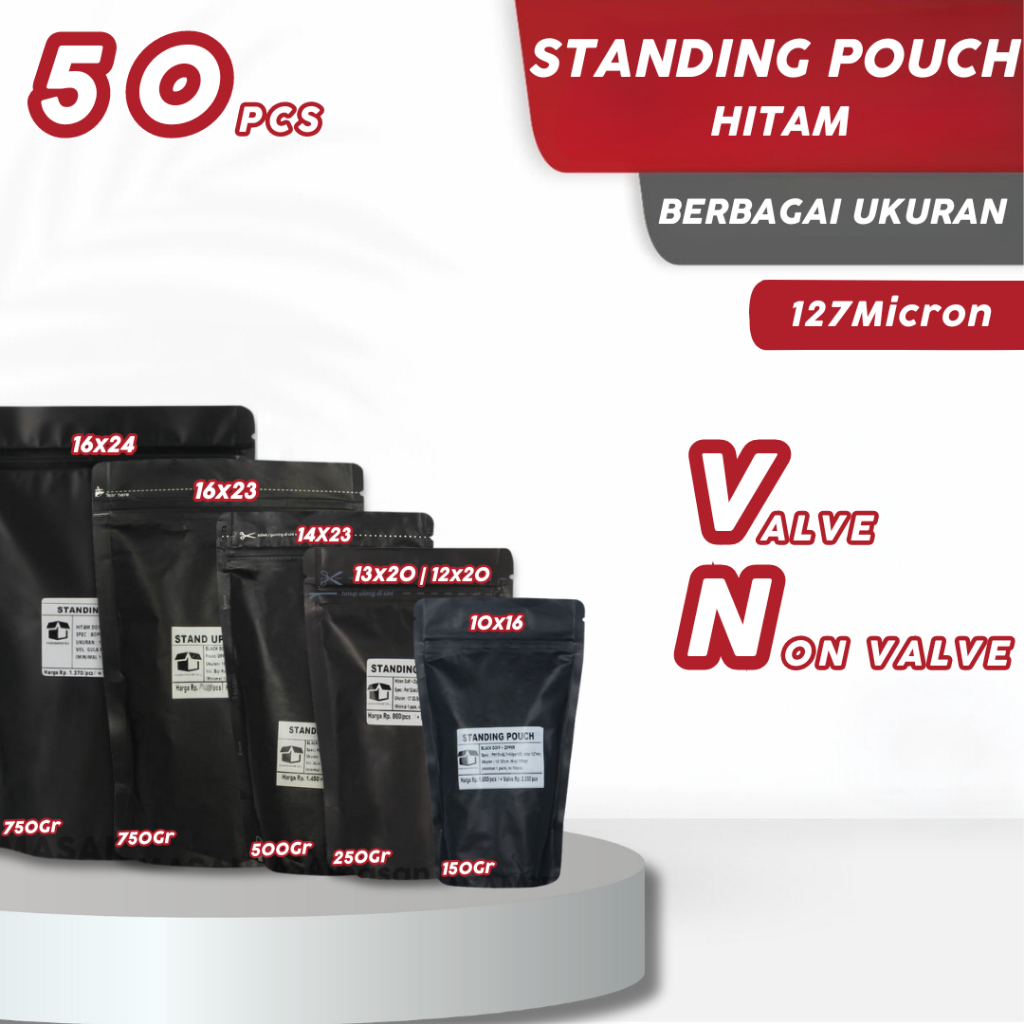 Standing Pouch Hitam Doff - Packaging Makanan dan Kopi - Plastik Kemasan Makanan