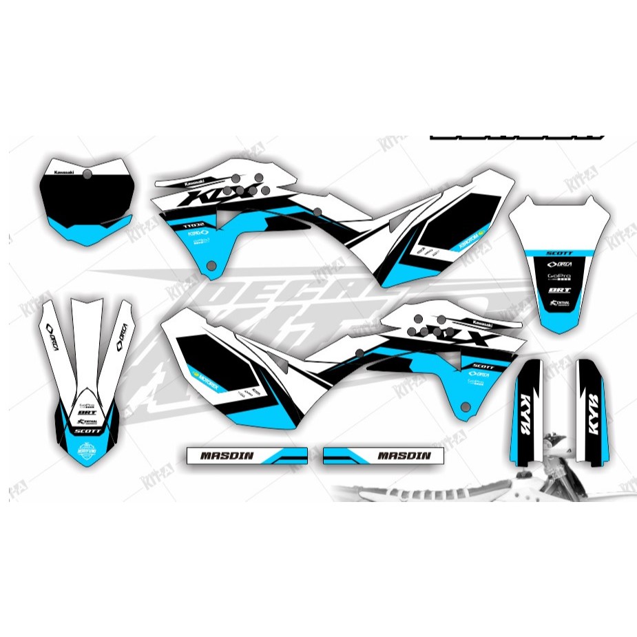 Decal stiker KLX Gordon motif kombinasi hitam putih biru