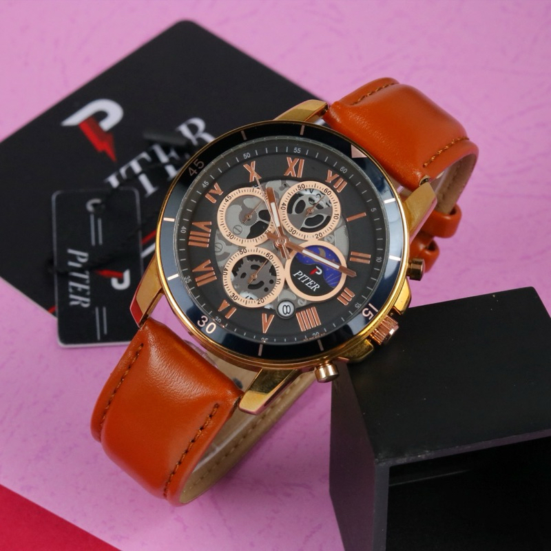PITER CHRONO AKTIF Jam Tangan Bisnis Pria Original Tali Kulit Free Box Set