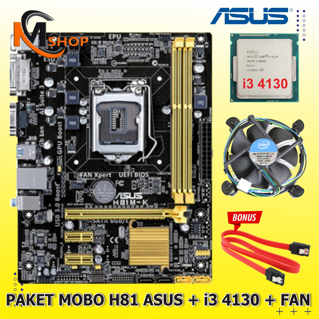 Paket Motherboard Mobo H81 Intel Asus LGA 1150 + Processor Core i3 4130 + Fan