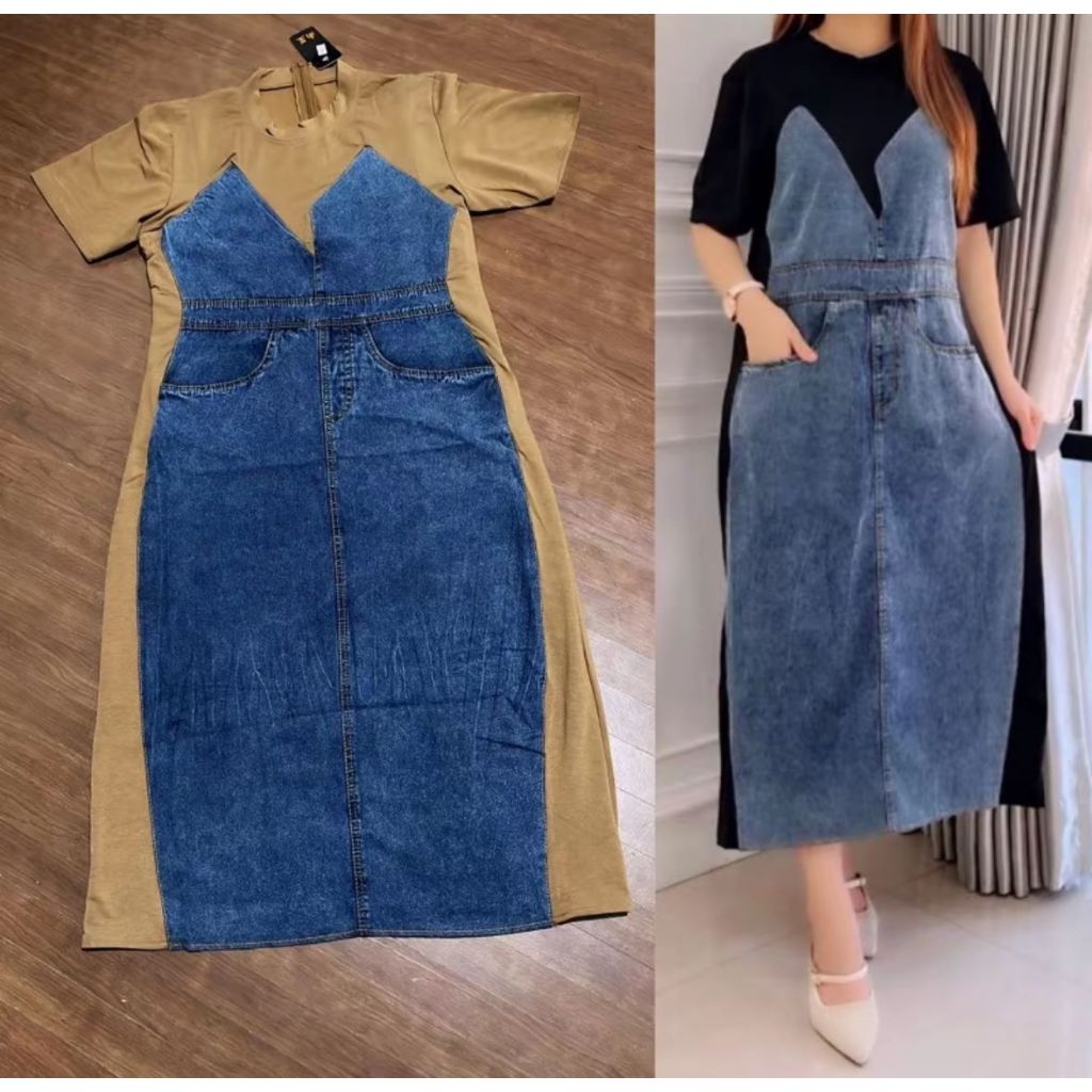 Fashion Dress Jeans Premium Panjang Kombinasi Kaos Babyterry Import / Jeans Denim Kombinasi Kaos BKK