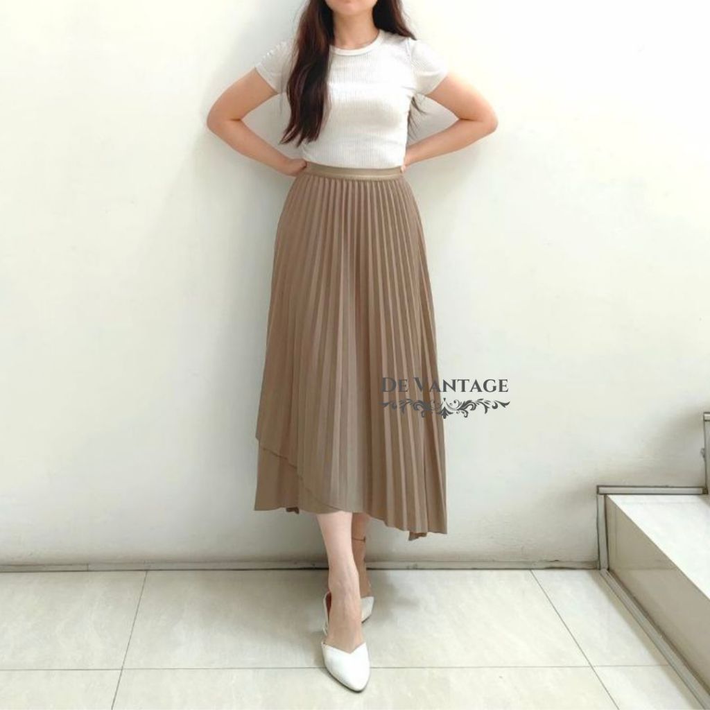 Rok Plisket Asimetris / Rok Plisket Polos Panjang / Asymmetric Pleated Skirt