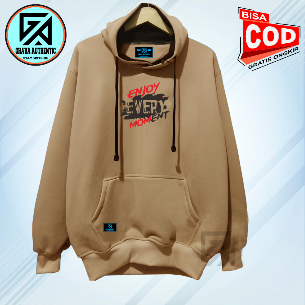 Ghava Switer Hoodie Pria Wanita Warna Cream Sablon Enjoy Every Moment Bahan Tidak Berbulu Adem