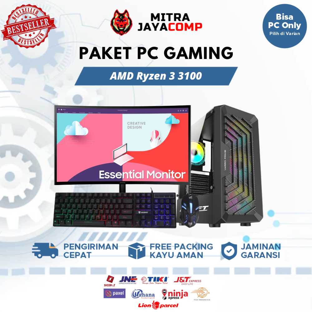 PC Gaming Fullset AMD Ryzen 3 3100 GTX 1650 4GB HDD SSD Monitor 24 Inch