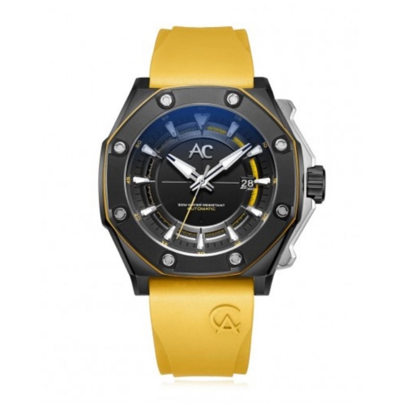 Jam Tangan Pria ALEXANDRE CHRISTIE AC9601 Automatic Yellow Rubber Strap