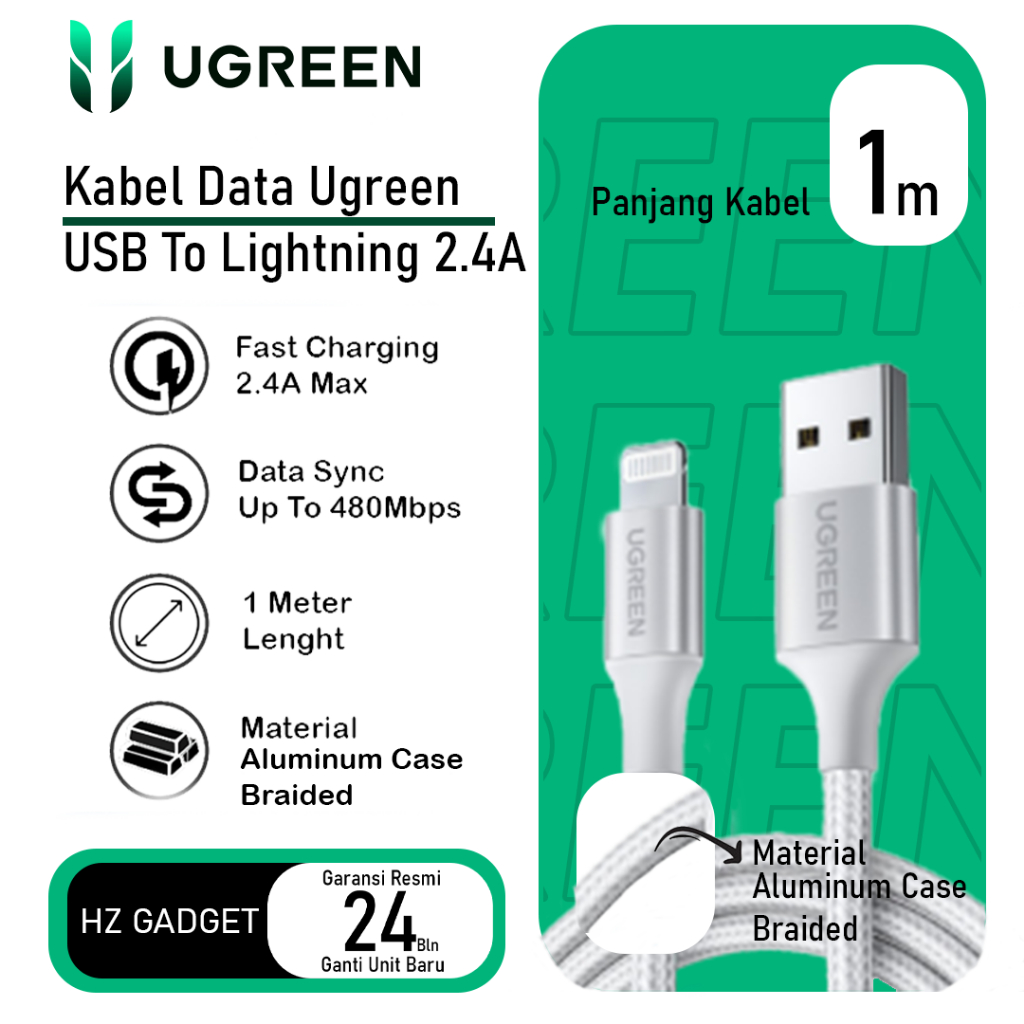 UGREEN Kabel Data USB A To Lightning 2.4A Aluminum Shell 1m