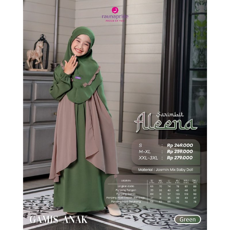 Rauna Sarimbit Aleena Gamis Anak Perempuan Jasmine Baby Doll Set Hijab Milo Sage Green Purple