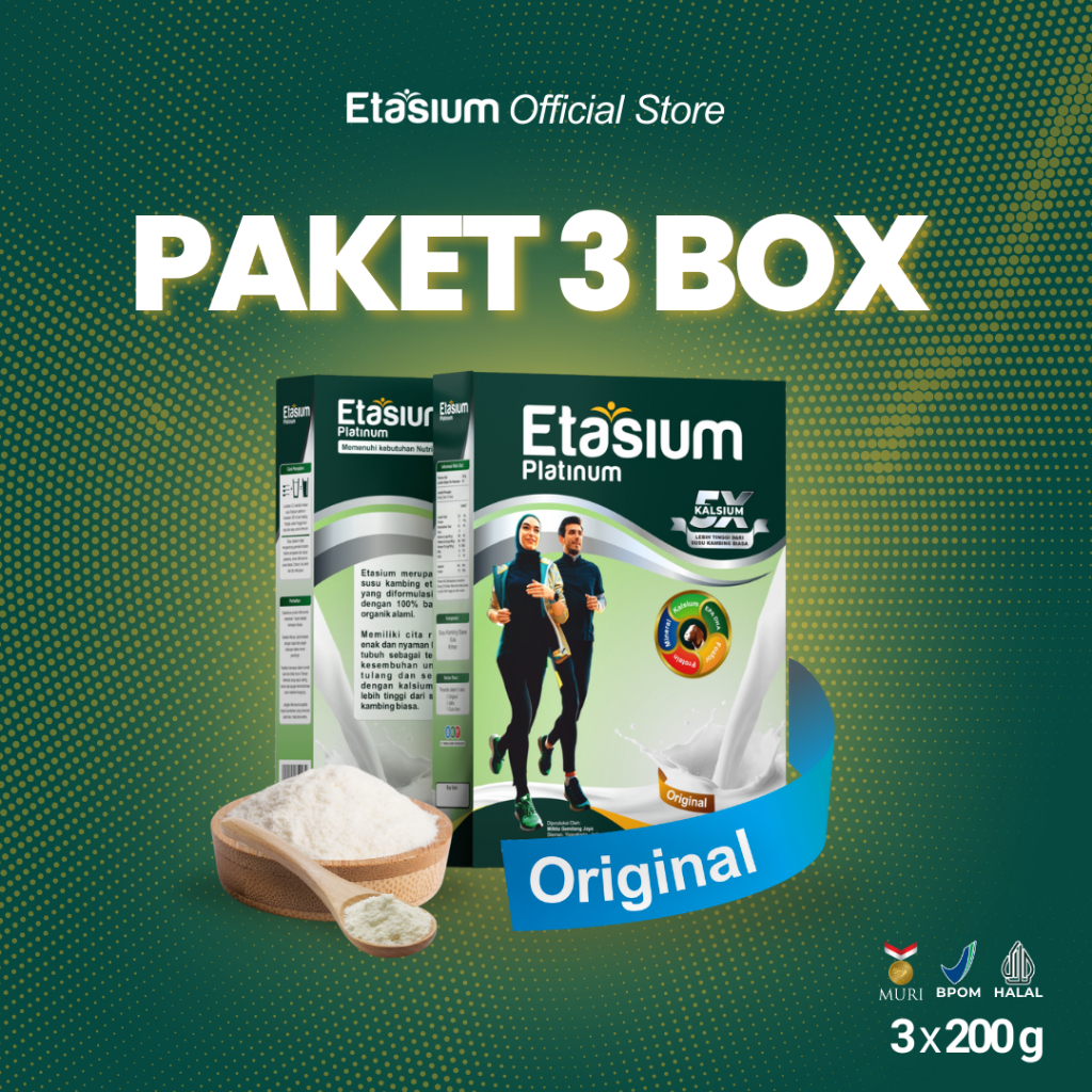 

Etasium Platinum - PAKET 3 BOX - RASA ORIGINAL - Susu Kambing Etawa Bubuk 200g