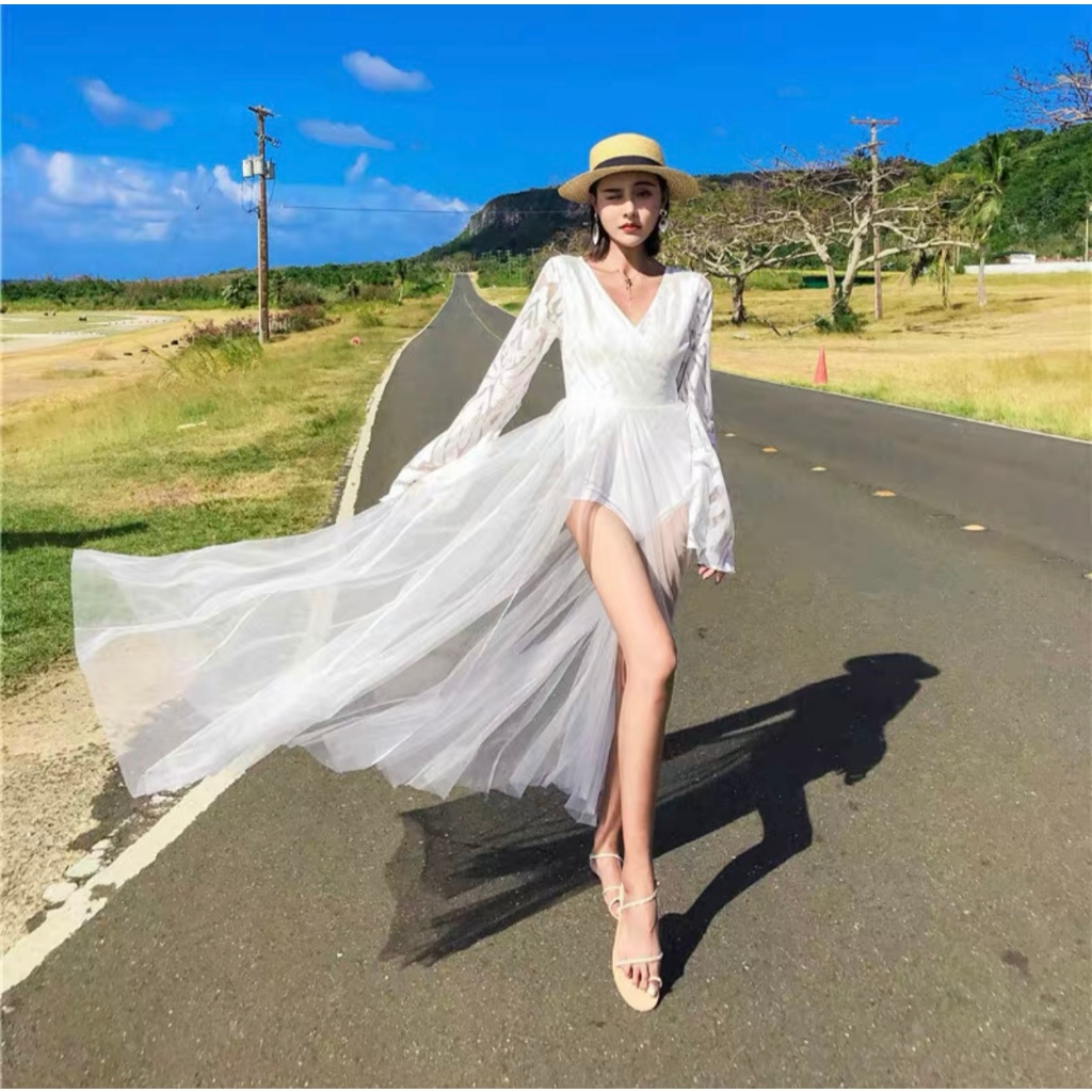 Dress wanita putih maxi pantai beachwear fashion D0050 premium murah white import party bali
