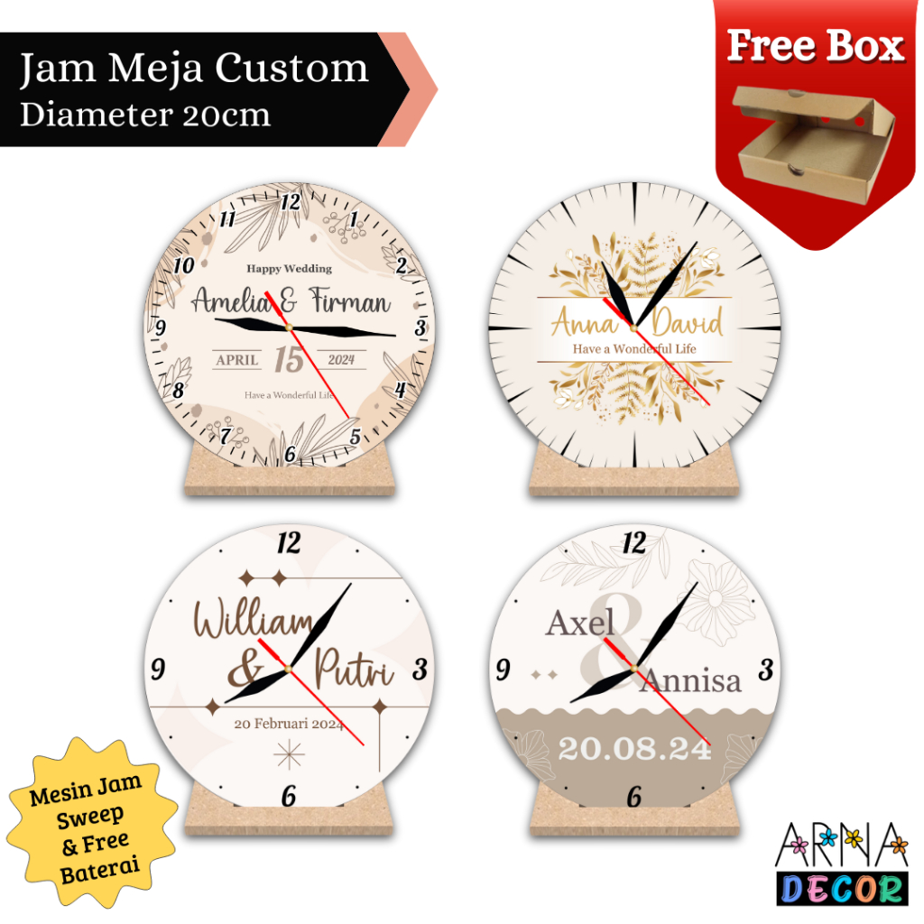 Custom Jam Meja Kayu MDF Diameter 20cm Arna Decor | Jam Duduk Unik Kado Hadiah Pernikahan