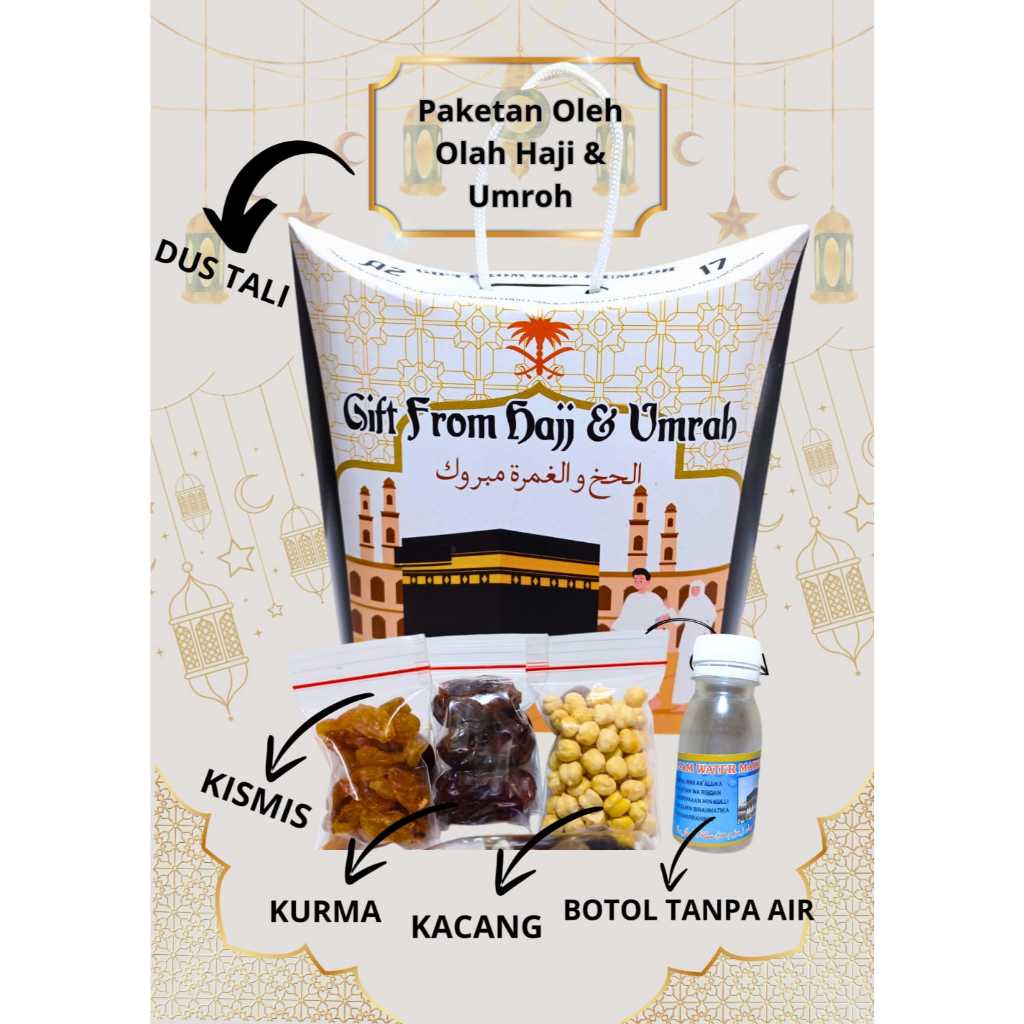 

PAKET LENGKAP 3 GIFT OLEH OLEH HAJI UMROH ISI DUS TALI KURMA KISMIS KACANG ARAB BOTOL KOSONG