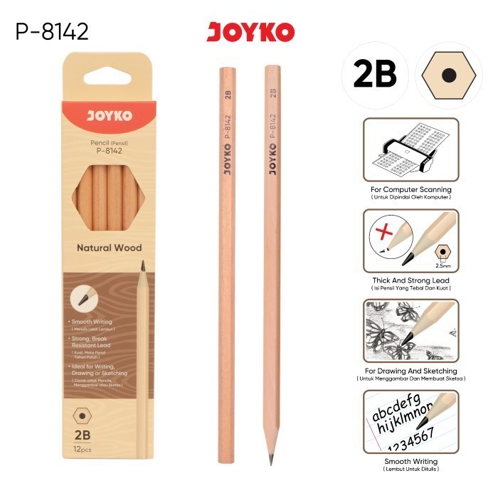 

Joyko Pensil Tulis P-8142 Natural Wood 2B | @1 Ktk= 12 Pencil