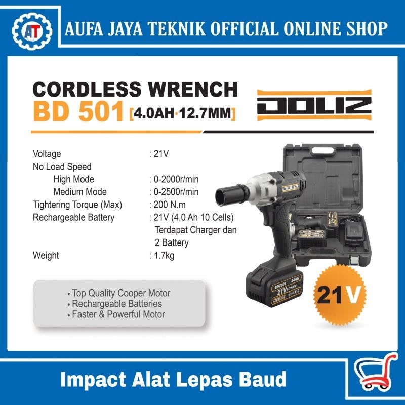Doliz impact cordless wrench BD501,mesin melepas mur baud