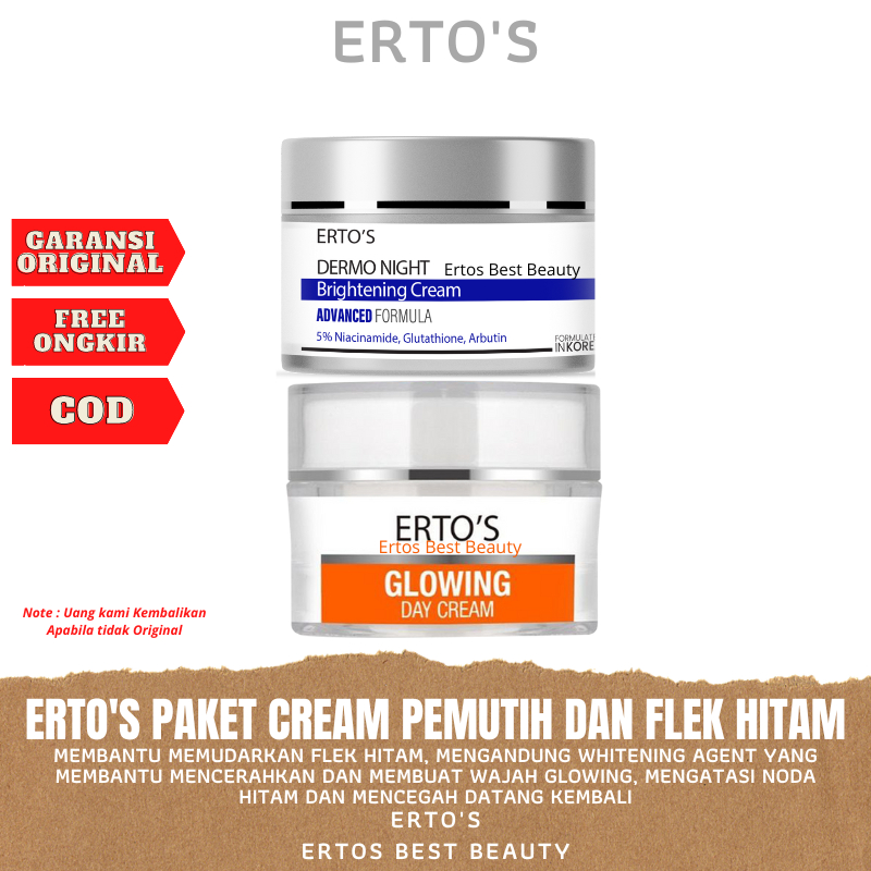 Ertos Paket Cream Krim Whitening Glowing Flek Hitam di Wajah 2in1 ( Dermo Night Cream & Glowing Day 