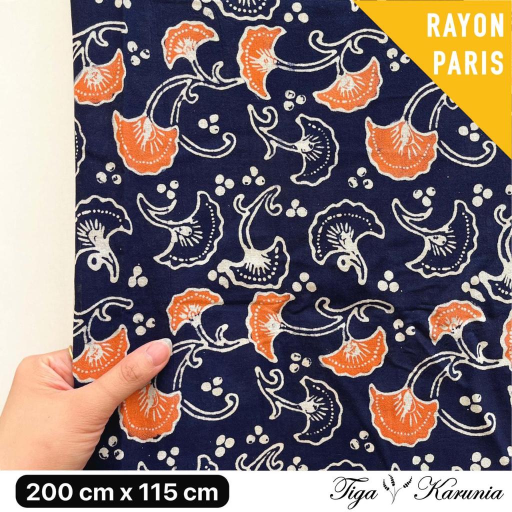 Kain Batik Cap Premium Solo Ginkgo Leaf Navy Orange RAYON PARIS