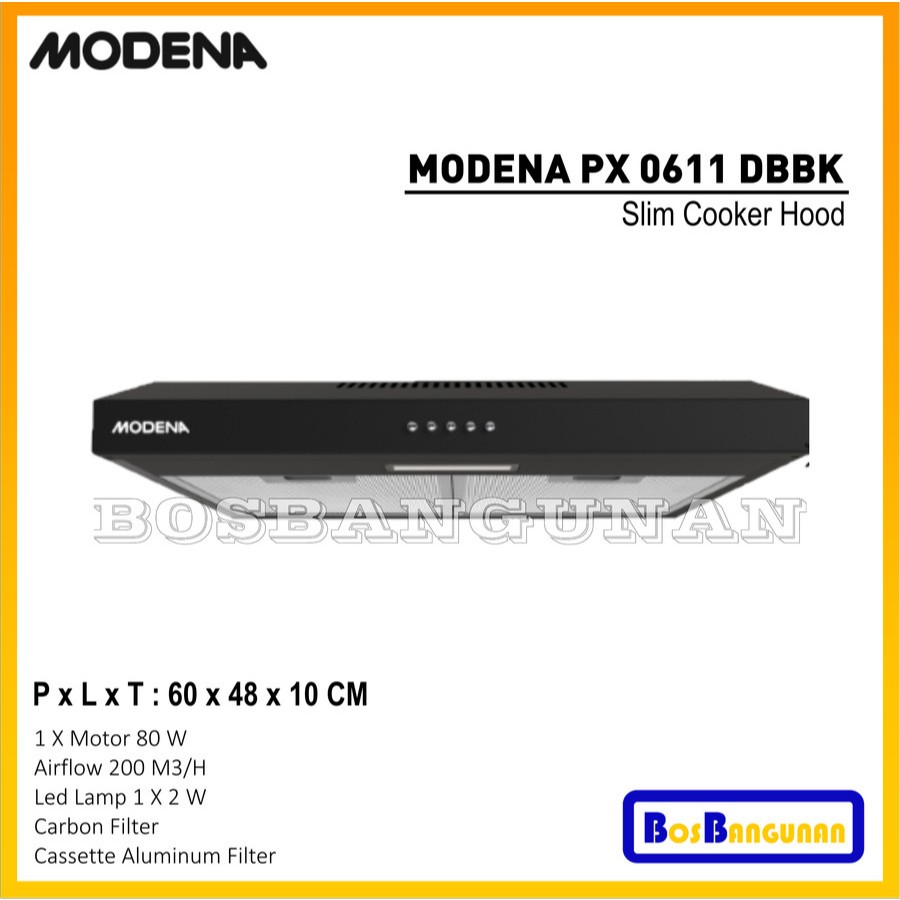 Cooker Hood MODENA PX 0611 DBBK / Penghisap Asap Dapur MODENA PX0611DBBK / Slim Cooker Hood MODENA P