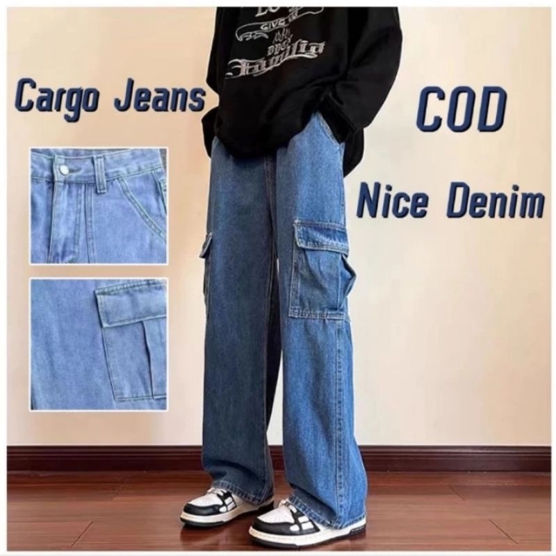 Celana jeans cargo kulot pria terbaru Celana jeans panjang pria Celana jeans blue denim