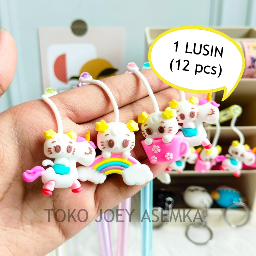 

(12 PCS) PULPEN UNICORN KARET GANTUNGAN KUDA PONI AWAN KUCING BOLPEN PENA PEN