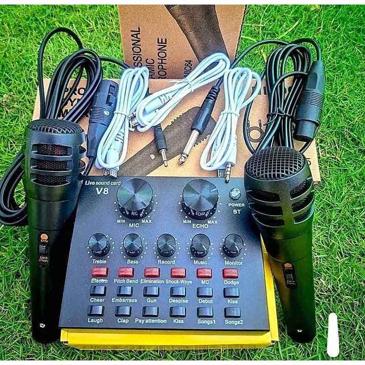 Paket Karaoke Mixer Audio Soundcard V8 Bluetooth dan 2 Mic