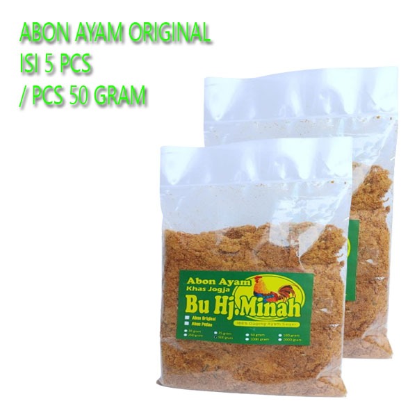 

Abon Original Khas Jogja Bu Hj Minah Isi 5 Pcs 50 Gram / Pcs 100 % Daging Ayam Segar