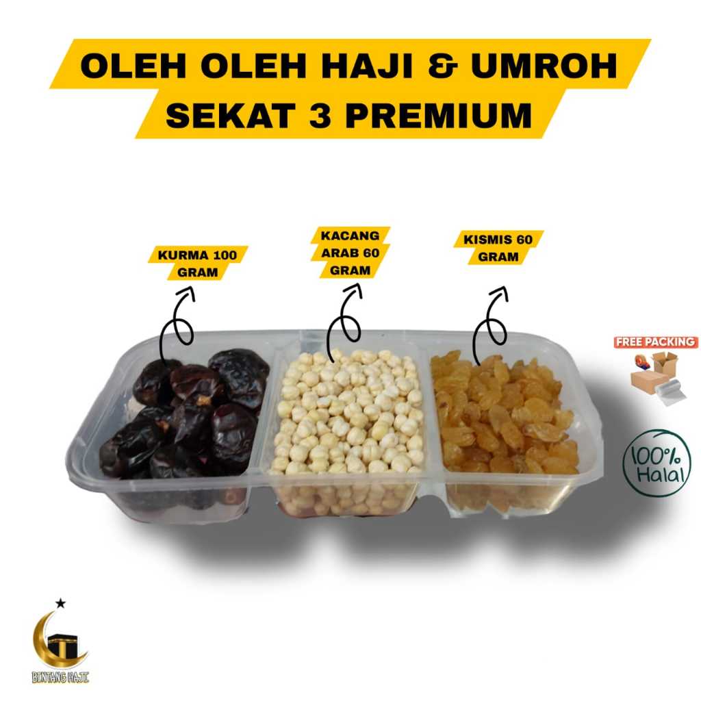 

Paket Oleh Oleh Haji sekat 3 isi Kurma saudi, kacang arab, kismis