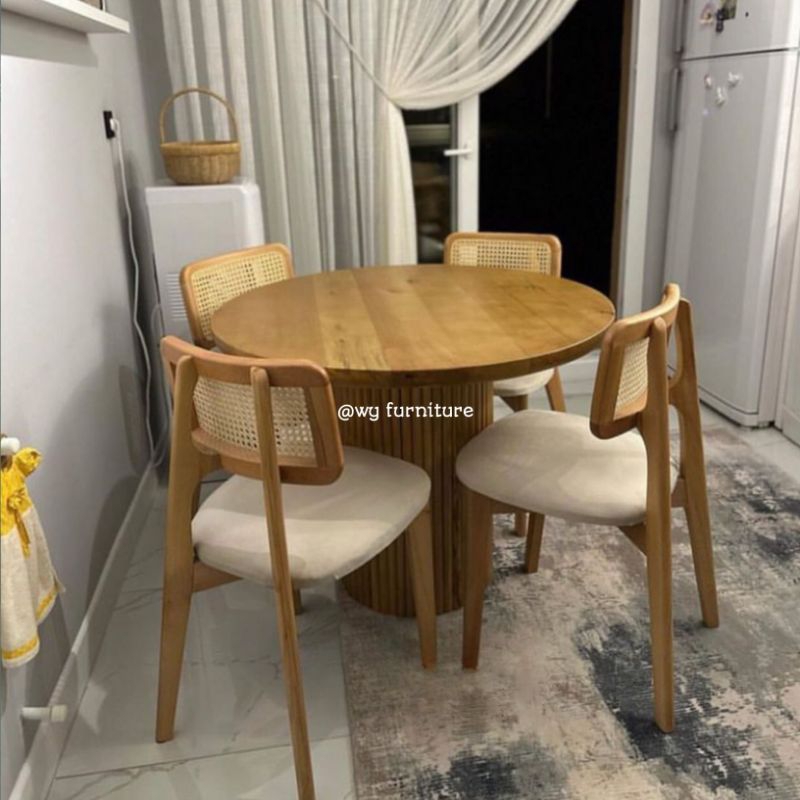 Set Meja Makan 4 Kursi Minimalis Kayu Jati, Meja Cafe Minimalis Jati, meja makan bulat 4 kursi kayu 