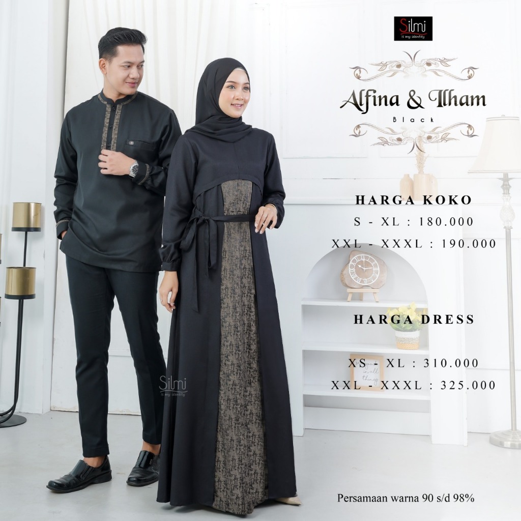 COUPLE ALFINA - ILHAM BY SILMI / Warna Black / Gamis Dewasa / Koko Dewasa