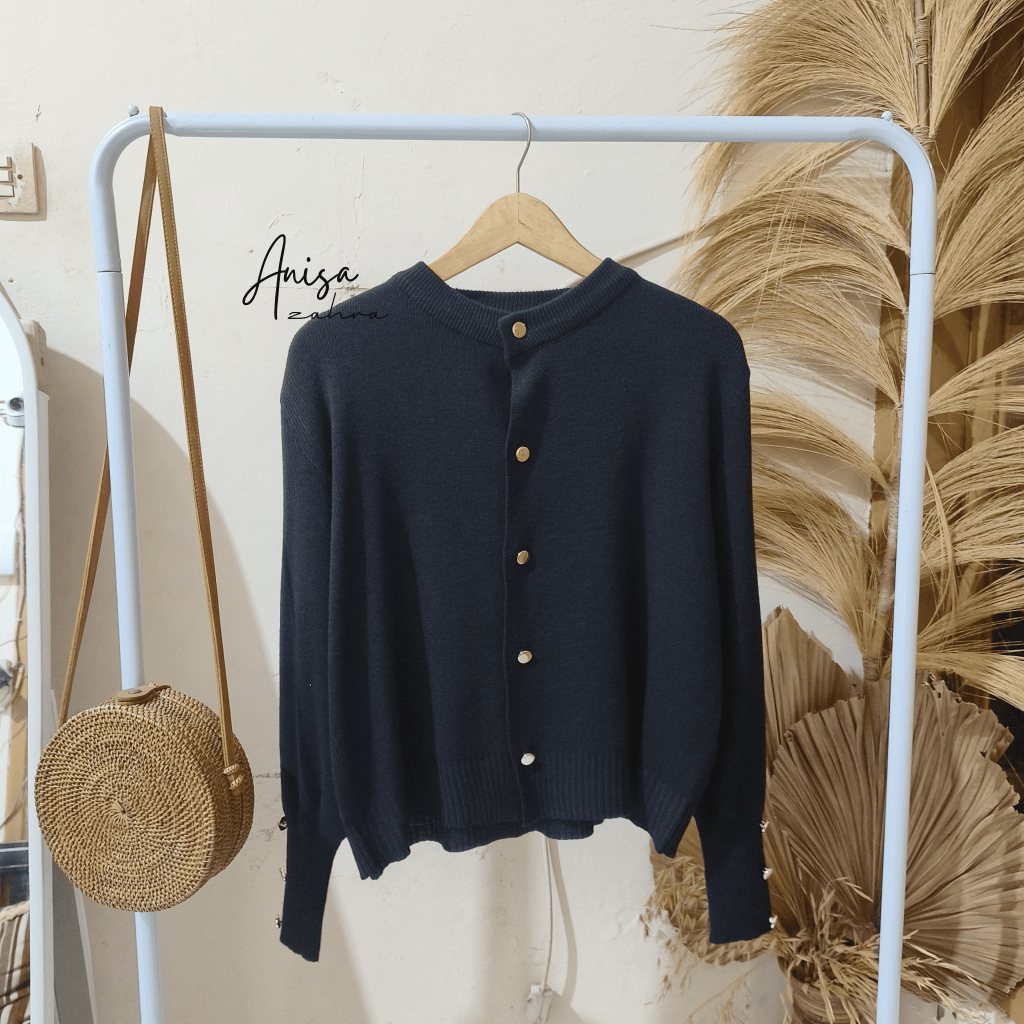 Kaela Cardigan Rajut Basic Kancing Gold | Button Knit Basic Elegan | Rajut Tebal Stylish | Cardigan 
