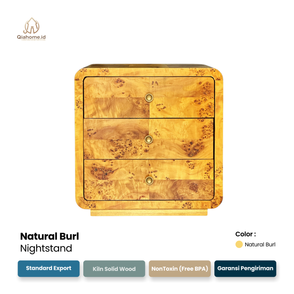 Qiahome.id Natural Burl Veneer Nighstand  Nakas Kayu Premium   Nakas Burl Veneer  Bed Side Cabinet