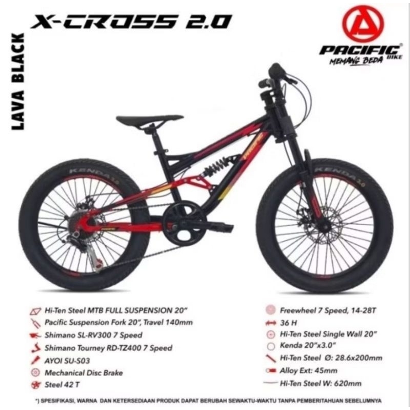 Sepeda Gunung Anak MTB 20 inch Pacific XCROSS 2.0 Fullsus 7 speed