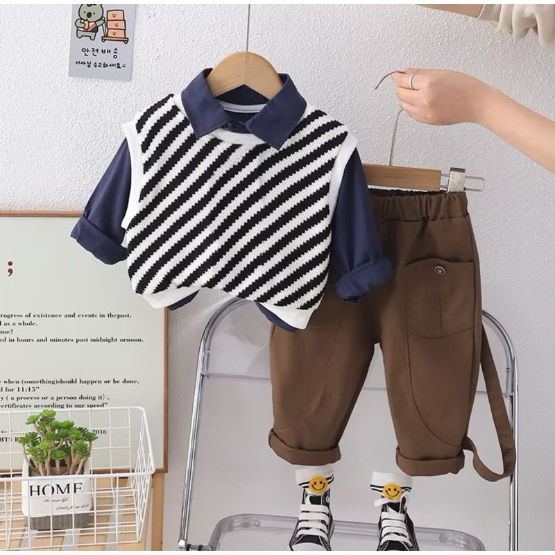 Setelan Rompi 3IN1 Rajut Anak Laki laki usia 1-5 Tahun One set Rajut premium anak kekinian