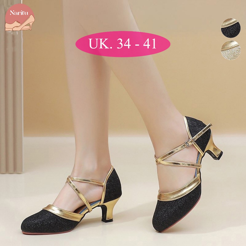 Naritu Women - Debra Black / Gold Dance Heels / Line Dance / Latin Dance Shoes
