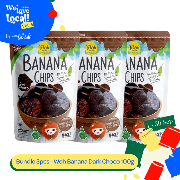 

Bundle 3pcs - Woh Banana Chips Dark Choco 100g Keripik Pisang Kering Cokelat | Halal | Rak Sebelah