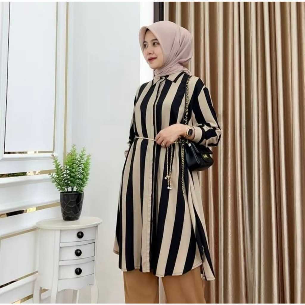 Tunik Jumbo Motif Salur Lengan Panjang Bahan Katun Premium