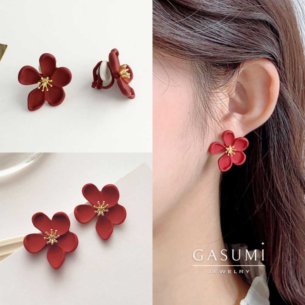 ROSA - Anting Tanpa Tindik Jepit Bunga Merah Elegan Wanita Emas Earclip Flower Red Rose Giwang Klip 