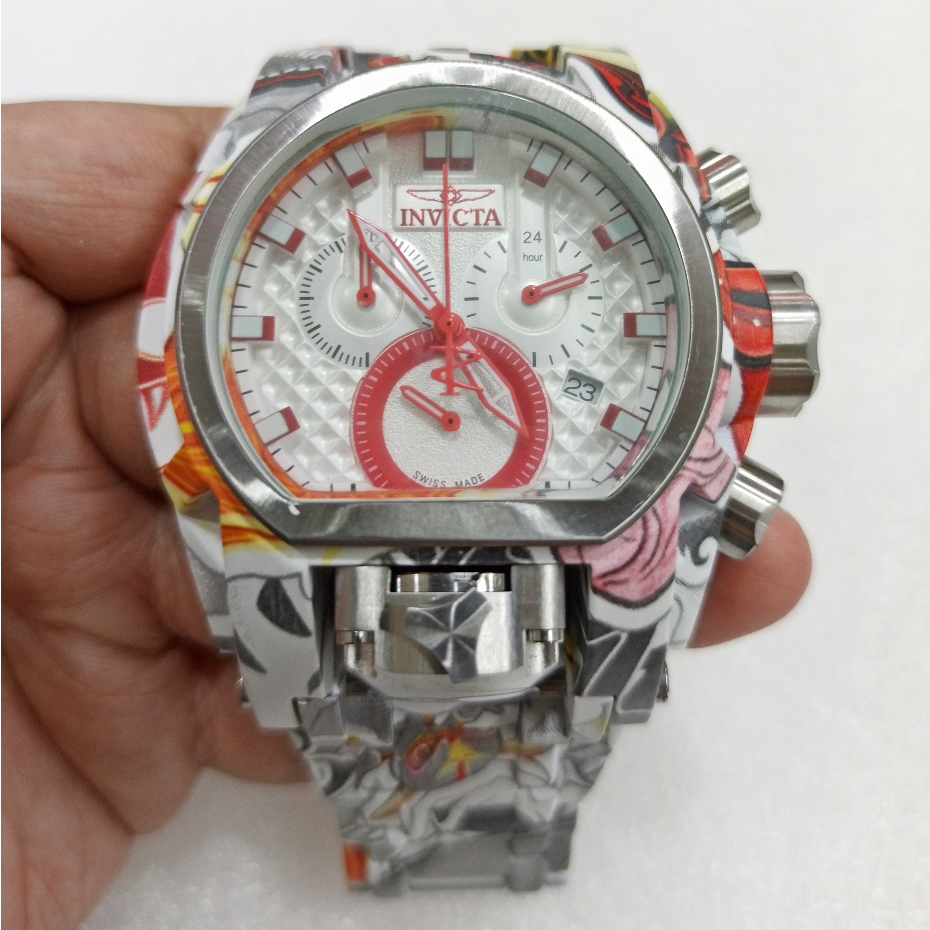Jam Tangan Pria Big Size INV**TA Reserve Bolt Zeus Magnum 32421 Chronograph Red White Dial Graffiti 