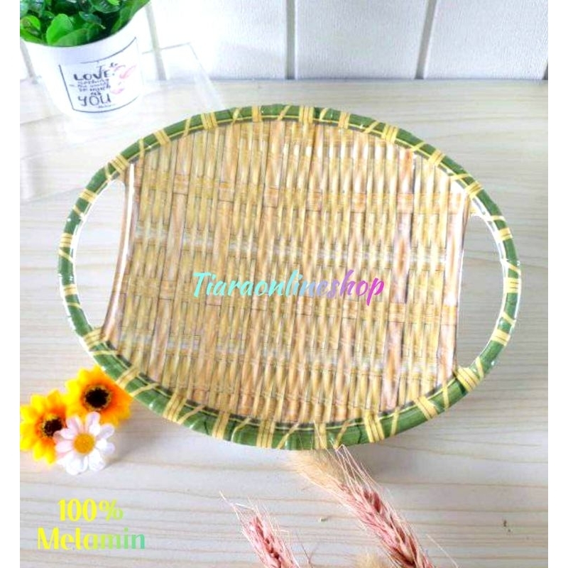 Piring melamin motif anyaman bambu 25x19x3cm/piring oval tebal/piring melamin foodgrade SNI