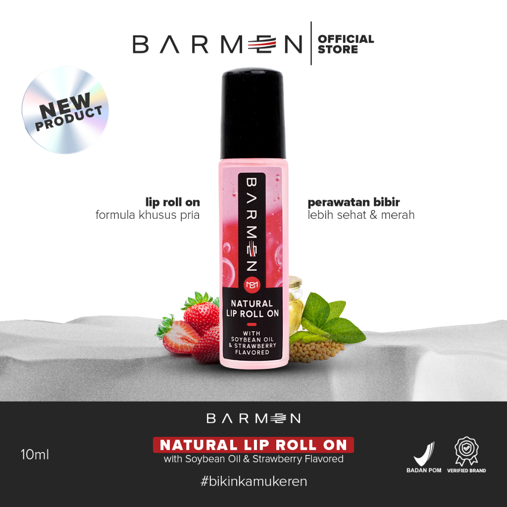 BARMEN Natural Lip Roll On With Soybean Oil & Strawberry Flavored - Perawatan Bibir Pria Untuk Bibir