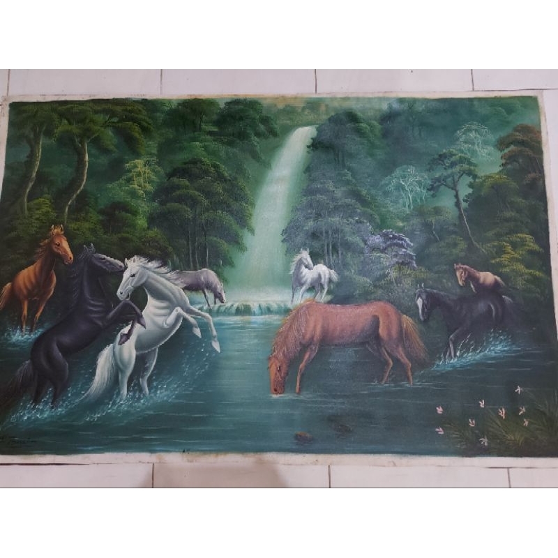 Preloved Lukisan Kuda, uk 90 x 140 cm, karya pelukis Ubud Bali