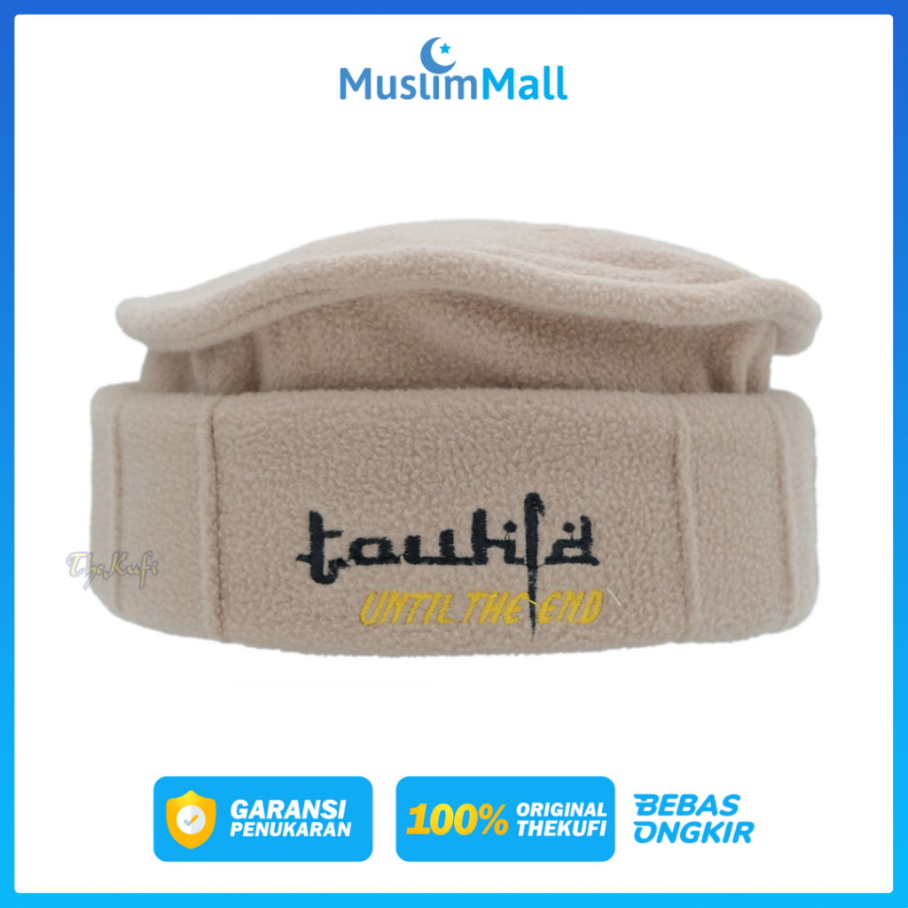 Peci Taliban Original The Kufi - Tauhid Bordir Warna Dasar Cokelat Muda Bahan Lembut & Tebal Premium