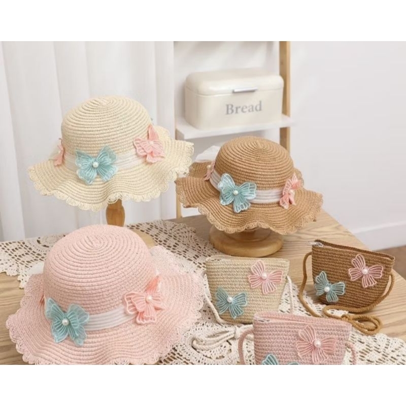 TOPI PANTAI ANAK PEREMPUAN 1-7 TAHUN IMPORT 1SET TAS CANTIK