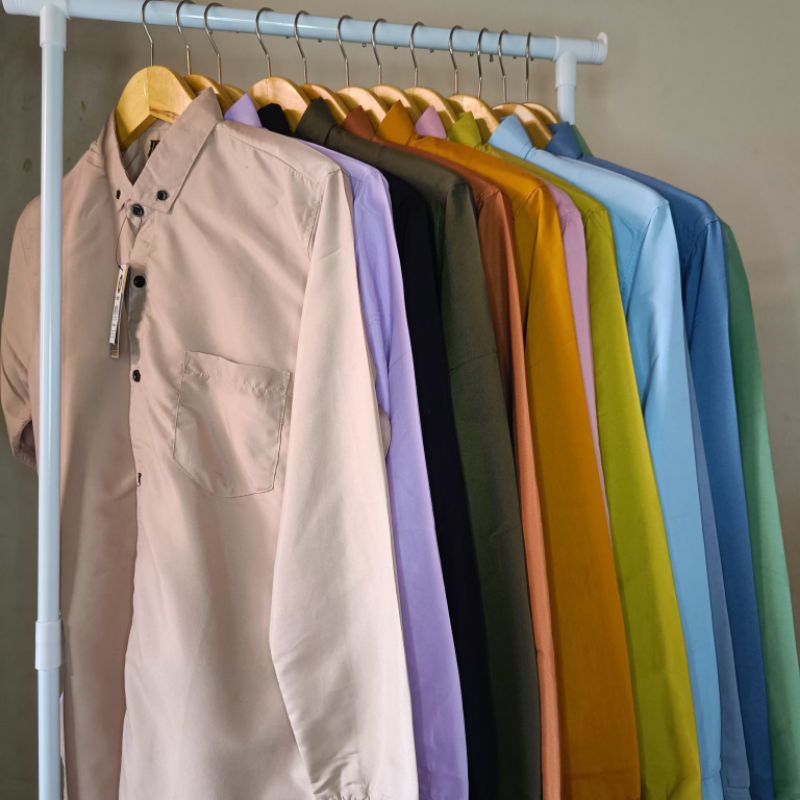 KEMEJA POLOS LENGAN PANJANG WARNA, KREM,HIJAU SAGE,UNGU LILAC,KUNING LEMON,KUNING KUNYIT, PINK MUDA,