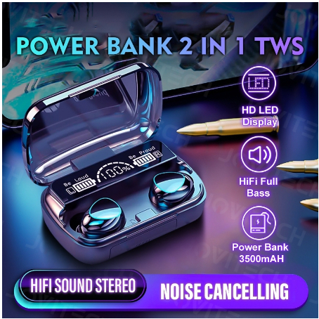 M10 TWS Bluetooth Earphone V5.3 HiFi Stereo Noise Powerbank 3500mAh Wireless Earphone Tahan Air TWS