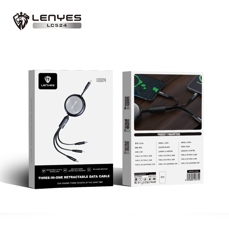 Kabel Data Tarik 3 in 1 Fast Charging 66W LENYES LC524 Data Cable USB Type C To Type C Lightning 1.2 Meter