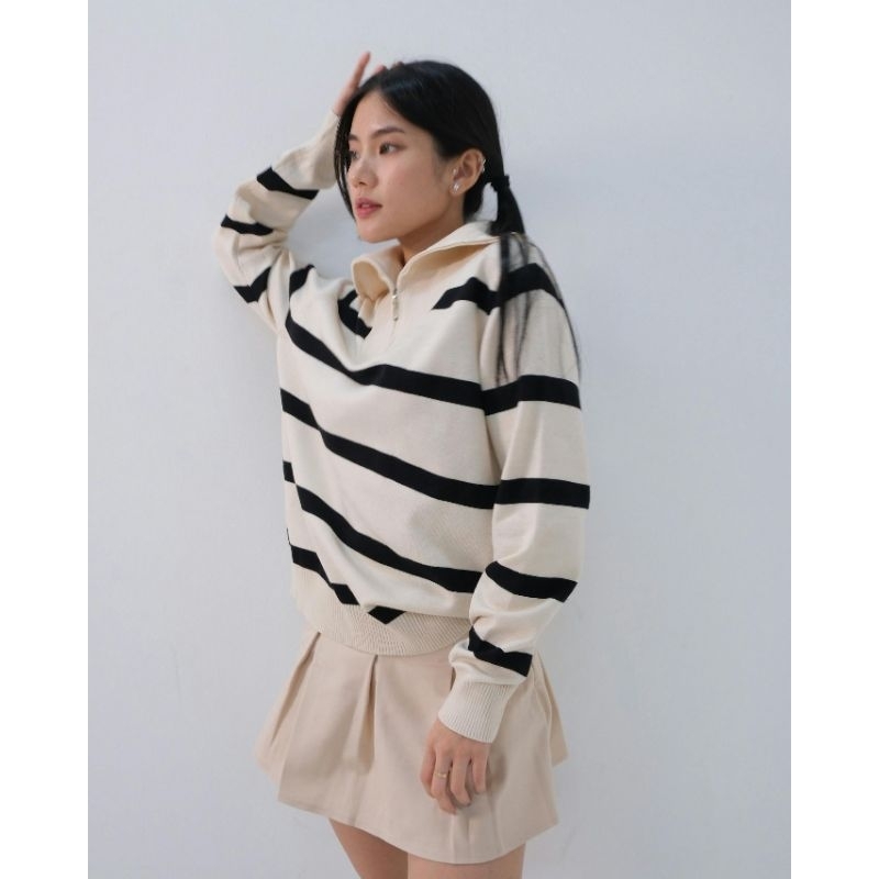 PINKDOSE | Switeer Terralie Long Sleeve Stripe Zipper | Baju rajut wanita dewasa | Atasan cewek leng